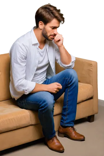 Man, sadness, loneliness, solo, 30s, messy brown hair, beard, worn-out clothes, wrinkled white shirt, dark blue jeans, scuffed shoes, sitting on couch, elbows on knees, hands clasped together, downwar