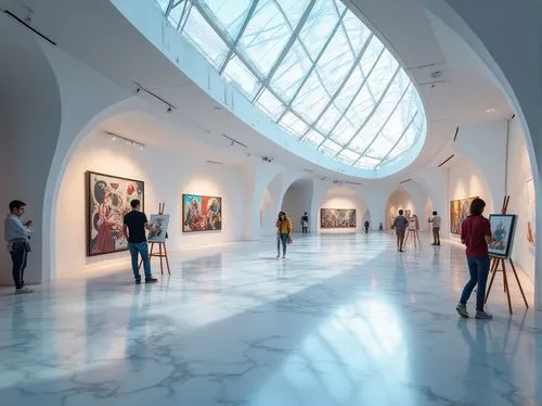 Modern art center, futuristic architecture, sleek lines, curves, minimalist, white marble floors, glass ceilings, steel beams, neon lights, abstract sculptures, contemporary paintings, avant-garde ins