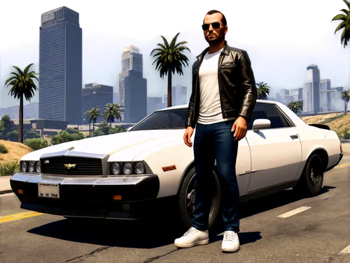 Grand Theft Auto V, Michael De Santa, Franklin Clinton, Trevor Philips, Los Santos cityscape, urban landscape, skyscrapers, palm trees, sunny weather, realistic character model, detailed facial expres