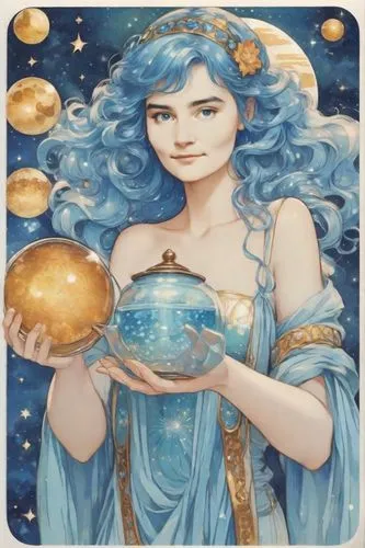 In paiting style of Gustav Klimt, with glass waterpot in hands,zodiac sign libra,horoscope libra,amphitrite,zodiac sign gemini,libra,virgo,astrologer,constellation lyre,ostara,horoscope pisces,aquariu