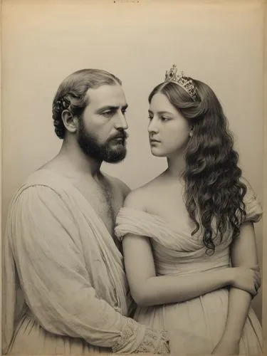 Full-length black and white portrait of Their Majesties King Karl I and Queen Olga of Württemberg.,an old time po of a man and a woman,garamantes,vintage man and woman,tintype,romanovs,charmides,aroma