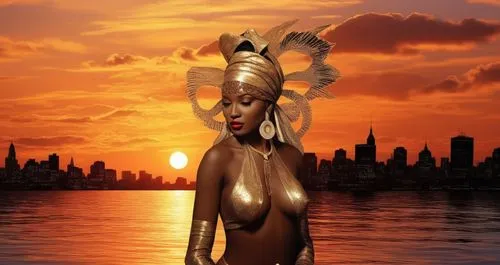 oshun,sculptress,sekhmet,inanna,african art,ancient egyptian girl,art deco woman,kemet,sculptured,prophetess,african woman,sirene,baoshun,aphrodite,nephthys,neon body painting,caryatid,derivable,woman sculpture,amphitrite,Illustration,Realistic Fantasy,Realistic Fantasy 21