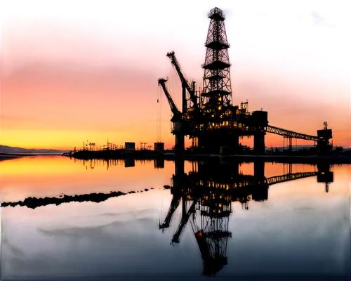 Oil Rig, Industrial Scene, Steel Beams, Pipes, Valves, Drilling Equipment, Sunset Background, Warm Lighting, High Angle Shot, Detailed Metallic Texture, Rusty Patina, Realistic Reflections, 3/4 Compos