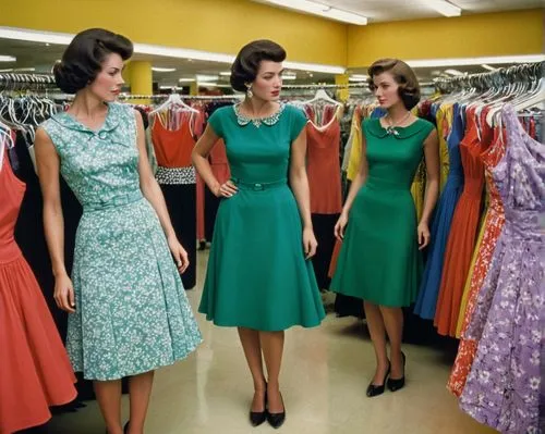 Two women trying on new dresses in a apparel store,vintage 1950s,fifties,model years 1958 to 1967,vintage fashion,butterick,50's style,model years 1960-63,dressmakers,women's clothing,vintage women,ma