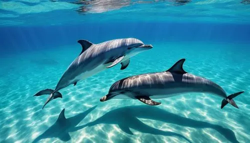 Dolphins swimming on the bottom of the crystal clear sea, ambient light, crystal clear, realistic style – cinematic and realistic, photography.,dolphins in water,oceanic dolphins,bottlenose dolphins,c