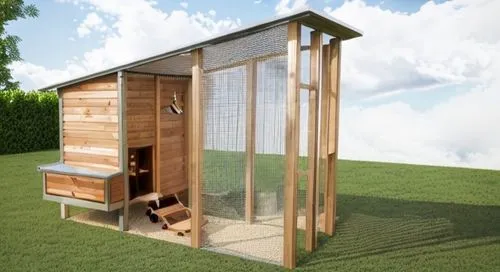 wooden chicken coop with wire mesh enclosure with trees in background and chicken feeding in foreground,dog house frame,chicken coop,a chicken coop,dog house,wooden sauna,will free enclosure,chicken c