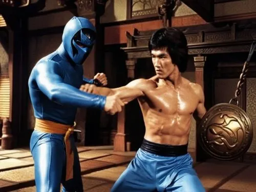 two fighters fighting in an animated pose on a stage,kombat,blue demon,kitana,siam fighter,bruce lee,mkx