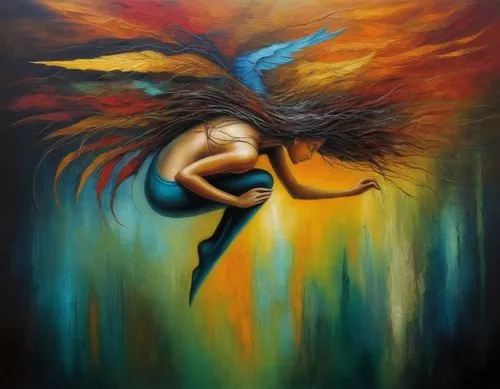 icarus,winged heart,volar,phenix,pheonix,angel wing,sirene,oil painting on canvas,angel wings,the archangel,dream art,seraphim,flying heart,firebird,vivants,sylphs,archangel,fallen angel,psyche,hypnos,Illustration,Realistic Fantasy,Realistic Fantasy 34