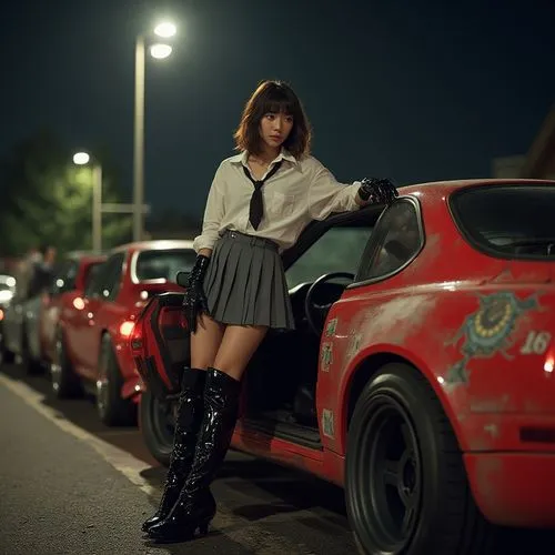 A striking 18-year-old American girl from New York, who has recently moved to Tokyo, is in a secluded part of a Tokyo parking lot at night, where a vibrant gathering of Japanese cars inspired by Tokyo