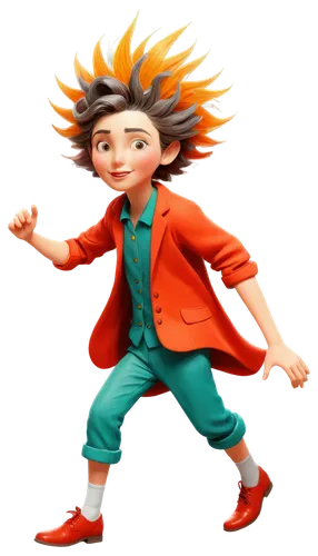 Cartoon character, comedic fall, dynamic pose, exaggerated facial expression, bright colorful clothes, messy hair, soft focus, warm lighting, shallow depth of field, playful composition, bold lines, v