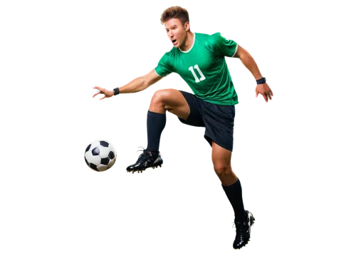 muscular man, athletic build, short spiky hair, sweaty face, intense expression, wearing football jersey, shorts, shin guards, soccer cleats, dynamic pose, kicking ball, jumping high, action shot, nat