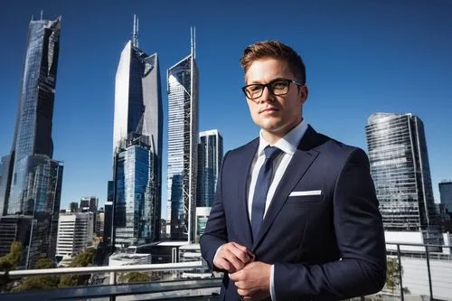 Bachelor of Architectural Design Deakin, male, mature, 30yo, short brown hair, black framed glasses, white shirt, dark blue suit, tie, holding a model of a building, standing in front of a modern skys