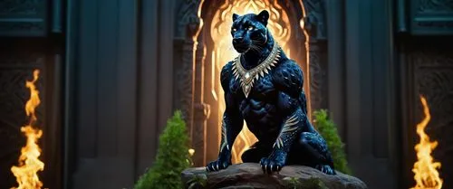 пусто,the statue is sitting on top of a rock in front of an ornate doorway,pillar of fire,ifrit,the eternal flame,nekron,fire dancer,sekhmet