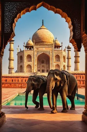 Mughal Empire-inspired, intricate ornaments, Arabic calligraphy, domed structures, minarets, arches, ornate columns, inlays of precious stones, marble floors, grand halls, luxurious carpets, regal thr