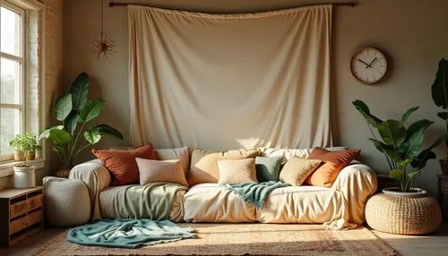 sunroom,coziness,coziest,cozier,daybed,cosier,livingroom,living room,warm and cozy,home corner,cozily,bamboo curtain,guest room,soft furniture,alcove,bedroom,indoor,cushions,boho art style,cocooning,Photography,General,Realistic