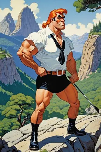 Fred Flintstone, caveman, muscular man, orange hair, thick eyebrows, white shirt with black tie, blue pants, black boots, holding club, standing, Bedrock, prehistoric landscape, rocky mountains, green