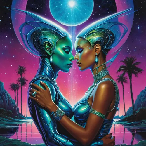 extraterrestrial life,lovers,celestial bodies,amorous,black couple,all forms of love,sci fiction illustration,luv is luv,forbidden love,andromeda,science fiction,extraterrestrial,psychedelic art,couple in love,tantra,gemini,aliens,handing love,making out,binary system,Conceptual Art,Fantasy,Fantasy 07