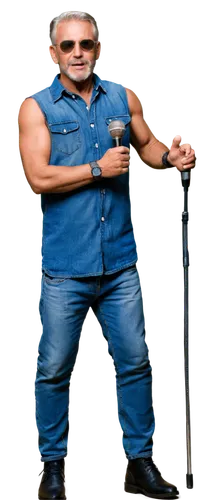 Older man, muscular body, silver hair, beard, sunglasses, sleeveless shirt, denim pants, black boots, holding microphone, standing, confident pose, soft focus, warm lighting, cinematic composition, sh