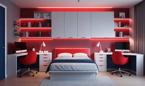 interior design of the bedroom for two teenagers in a minimalist, stylish and modern, the main color palette is modern light gray, additional colors are dark-blue and red, the lighting scheme is moder