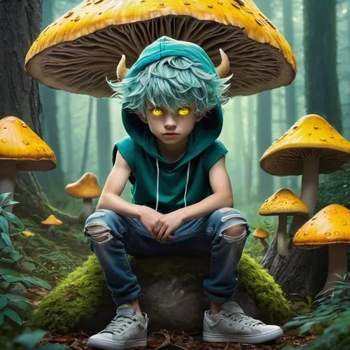 Deku symbiote, Shoya-inspired, young boy with horns, greenish-blue skin, messy short hair, glowing yellow eyes, sharp teeth, sleeveless hoodie, ripped jeans, worn-out sneakers, leaning against a giant