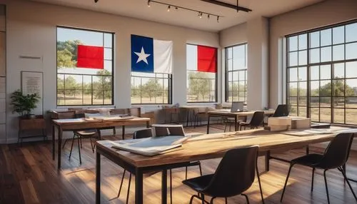 Modern interior design school, Texas style, wooden floors, minimalist decoration, large windows, natural light, elegant desks, comfortable chairs, shelves filled with design books, Texas flag, USA map