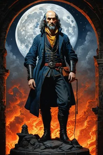 Highly detailed and lifelike full body illustration of a Genestealer Cult figure, standing on a round stand, realistic lighting and shadows, far awaty a castle and the full moon on the sky, intricate 