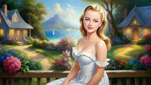 Romantic masterpiece oil painting, cute girl portrait, nostalgic 1950's style kitsch, vibrant seaside cottage landscape, lush tropical paradise, summer beach scenery, by Thomas Kinkade, by Bob Ross, h