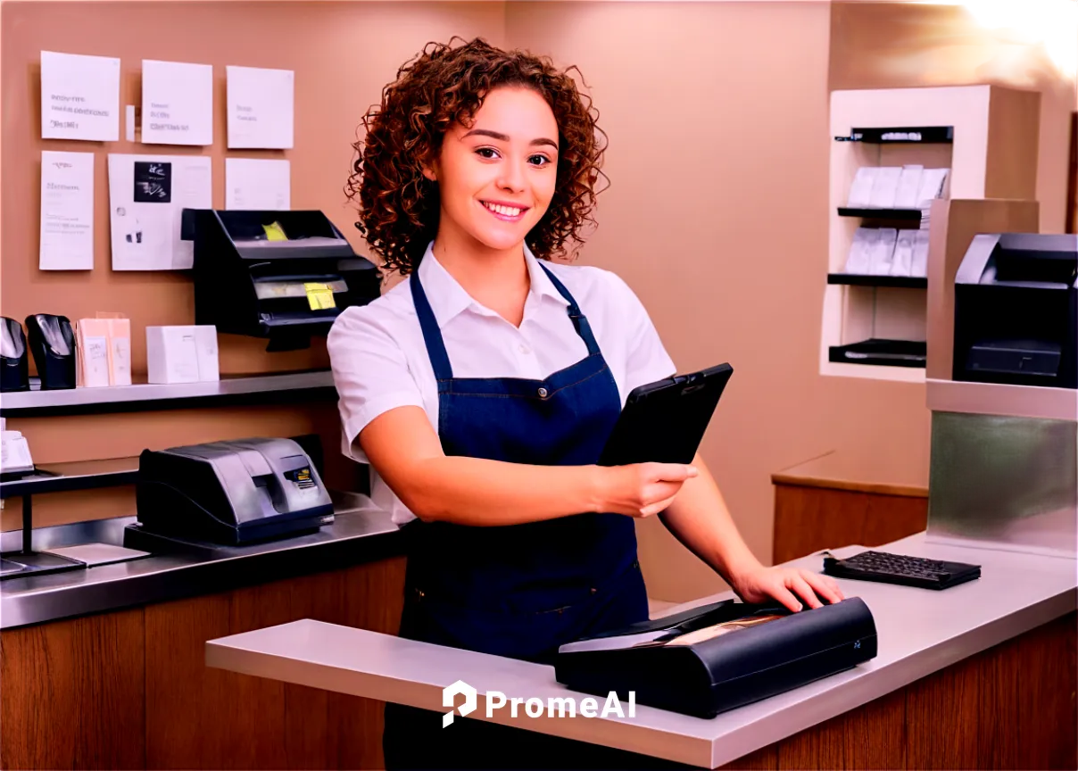 Female cashier, store interior, standing behind counter, gentle smile, bright brown eyes, curly brown hair, subtle makeup, white shirt, black apron, jeans, sneakers, holding scanner, friendly gesture,