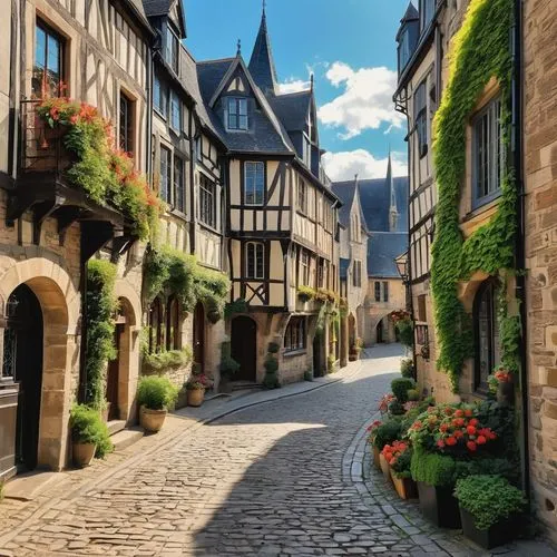 Normandy style architecture, medieval castle, stone walls, tall spires, grand halls, stained glass windows, ornate doorways, ivy-covered facades, rustic wooden doors, cobblestone streets, quaint townh