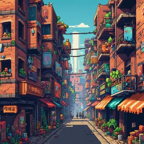 colorful city,microdistrict,alley,world digital painting,alleyway,honolulu,cityscape,cybertown,pixel art,fantasy city,hanoi,sidestreet,street canyon,neighborhood,shopping street,urban,chebbi,tokyo city,cloudstreet,rescue alley