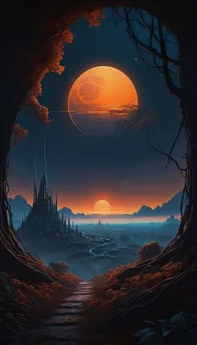 futuristic landscape,fantasy landscape,barren,alien planet,alien world,dusk,portal,lunar landscape,vast,horizon,fantasy picture,the horizon,dusk background,before the dawn,world digital painting,cg artwork,dune,old earth,post-apocalyptic landscape,space art,Art,Classical Oil Painting,Classical Oil Painting 14