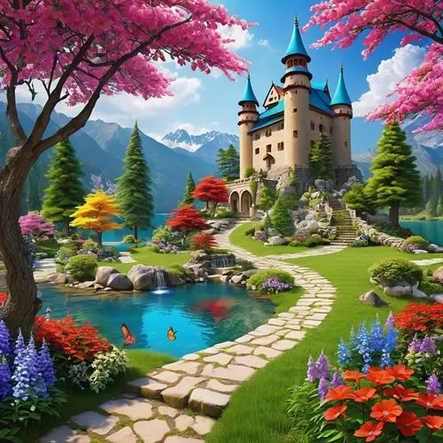 fairy tale castle,cartoon video game background,fairy village,fairytale castle,fairy world,fairyland,Photography,General,Realistic