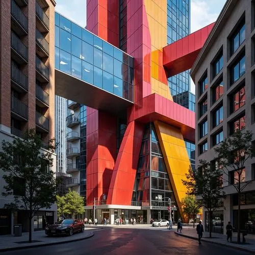 Vibrant primary colors, bold geometric shapes, fragmented forms, dynamic angular lines, contrasting textures, reflective metal surfaces, opaque concrete walls, transparent glass facades, stark shadows