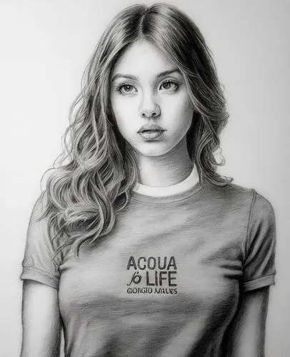 女生，黑白，素描,a drawing of a woman with long blonde hair,girl in t-shirt,life stage icon,tshirt,charcoal pencil,lifer,pencil drawing,Illustration,Black and White,Black and White 35