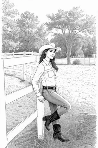 a beautiful girl wearing a cowboy hat leaning against a fence,countrygirl,countrywomen,jodhpurs,countrywoman,comic halftone woman,reenactor,Design Sketch,Design Sketch,Detailed Outline