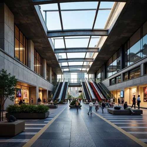 Urban metro station, modern architectural design, sleek glass roofs, steel beams, industrial chic aesthetic, exposed concrete walls, polished granite floors, vibrant LED lighting, dynamic escalators, 