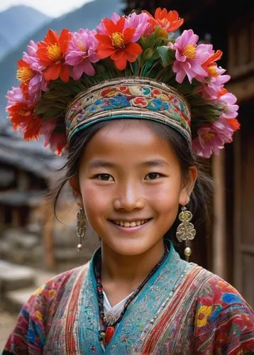 Dali girl, traditional clothing, ethnic minority, colorful headdress, silver jewelry, intricate patterns, bright smile, gentle eyes, flower-adorned hair, standing, mountainous region, Yunnan, China, a