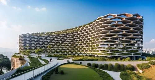 building inspiration from honeycomb , context in the moutain and have the same building in context ,the building is made out of multiple layers,building honeycomb,honeycomb structure,futuristic archit