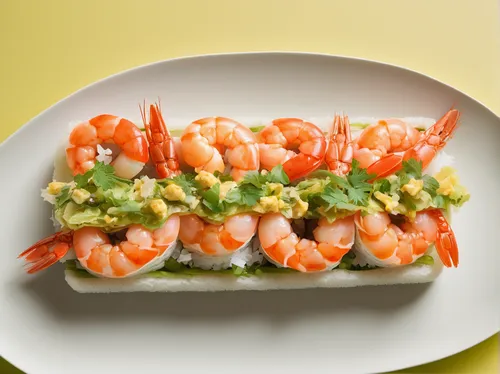 Describe a mouth-watering shrimp roll with a refreshing twist.,avocado shrimp salad,shrimp slide,fresh shrimp roll,shrimp sandwich,shrimp toast,prawn roll,shrimp salad,the best sweet shrimp,rice paper