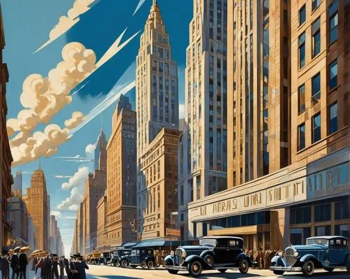 schuiten,schuitema,travel poster,art deco,chrysler building,sheeler,feininger,metropolis,skyscrapers,fleischer,art deco background,vintage illustration,mcquarrie,hildebrandt,modernism,woolworth,radebaugh,queler,cityscape,rockwell,Art,Artistic Painting,Artistic Painting 45