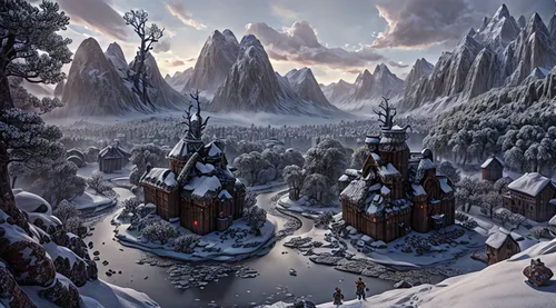 northrend,fantasy landscape,winter landscape,mountain settlement,ice landscape,snow landscape,snowy mountains,snowy landscape,fantasy picture,christmas landscape,winter village,mountainous landscape,snow mountains,snowy peaks,elves flight,snow scene,winter background,karst landscape,mountain village,mountainous landforms