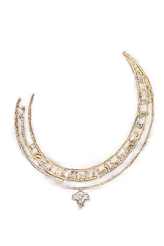 constellation lyre,torc,crescent moon,circlet,diadem,horseshoe,necklace with winged heart,torcs,noseband,gorget,zodiacal sign,armlet,ankole,constellation unicorn,constellation swan,gold bracelet,cattle skull,goldkette,bahraini gold,arabic script,Conceptual Art,Fantasy,Fantasy 23