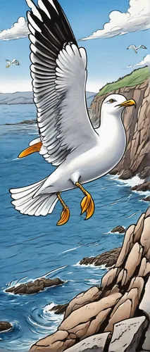 Illustrate a graceful seagull tattoo soaring above a rocky coastline.,kelp gull,black-backed gull,great black-backed gull,western striped albatros,seagull,cape gull,western gull,sea gull,herring gulls