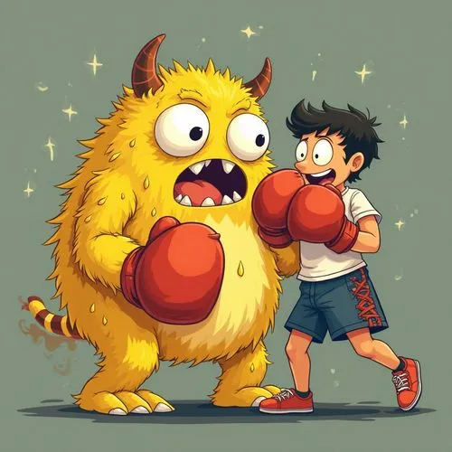 Cartoon person boxing a yellow monster 4 demential 
,a little  and an angry monster,friendly punch,megafight,shadowboxing,boxing,fisticuffs,ghimpu