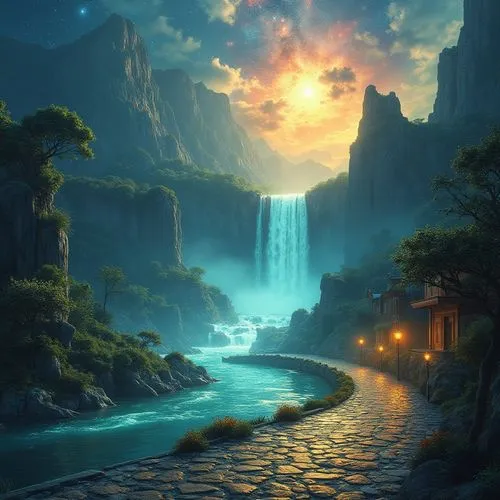 fantasy landscape,fantasy picture,landscape background,river landscape,beautiful landscape,water fall