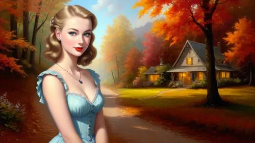 autumn background,autumn idyll,autumn icon,autumn scenery,gwtw,autumn landscape,retro pin up girl,photo painting,landscape background,retro 1950's clip art,fall landscape,dorthy,fantasy picture,a charming woman,in the autumn,girl with tree,country dress,girl in a long dress,retro woman,the autumn