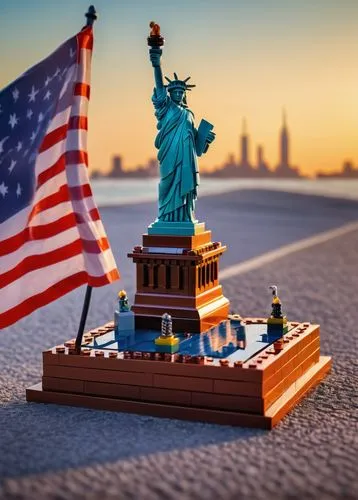 Lego, miniature, iconic landmark, Statue of Liberty, copper color, intricate details, tablet in hand, crown on head, broken shackles and chains at feet, pedestal base, liberty torch, American flag, Ne