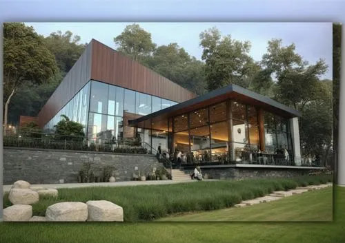 DISEÑO EXTERIOR DE UN RESTAURANT PARA UNA NAVE INDUSTRIAL, TERRAZAS CON MUROS DE PIEDRA, PERSONAS,CESPED, VENTANALES DE CRISTAL AMPLIOS, VISTAS PANORAMICAS, VEGETACION EXUBERANTE,a large building with