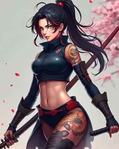 Digital illustration of a fierce female ninja anime character with long, jet-black hair tied in a high ponytail with red streaks. Her sharp, determined eyes are a piercing amber color. She wears a mod