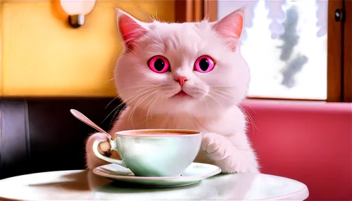 cat drinking tea,cat coffee,pink cat,tea party cat,cappuccino,macchiato,cuppa,café au lait,cat's cafe,cappucino,muccino,cup of cocoa,cute coffee,poncino,drinking coffee,white cat,latte,teacup,cappuccinos,blue eyes cat,Illustration,Retro,Retro 12